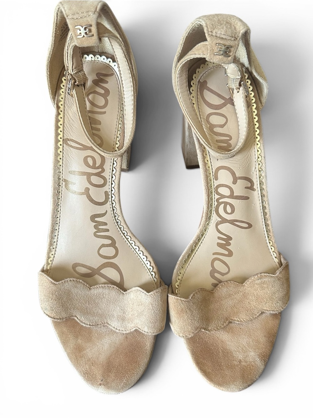 Sam Edelman Tan Suede Scalloped Ankle Strap Block Heels US8.5